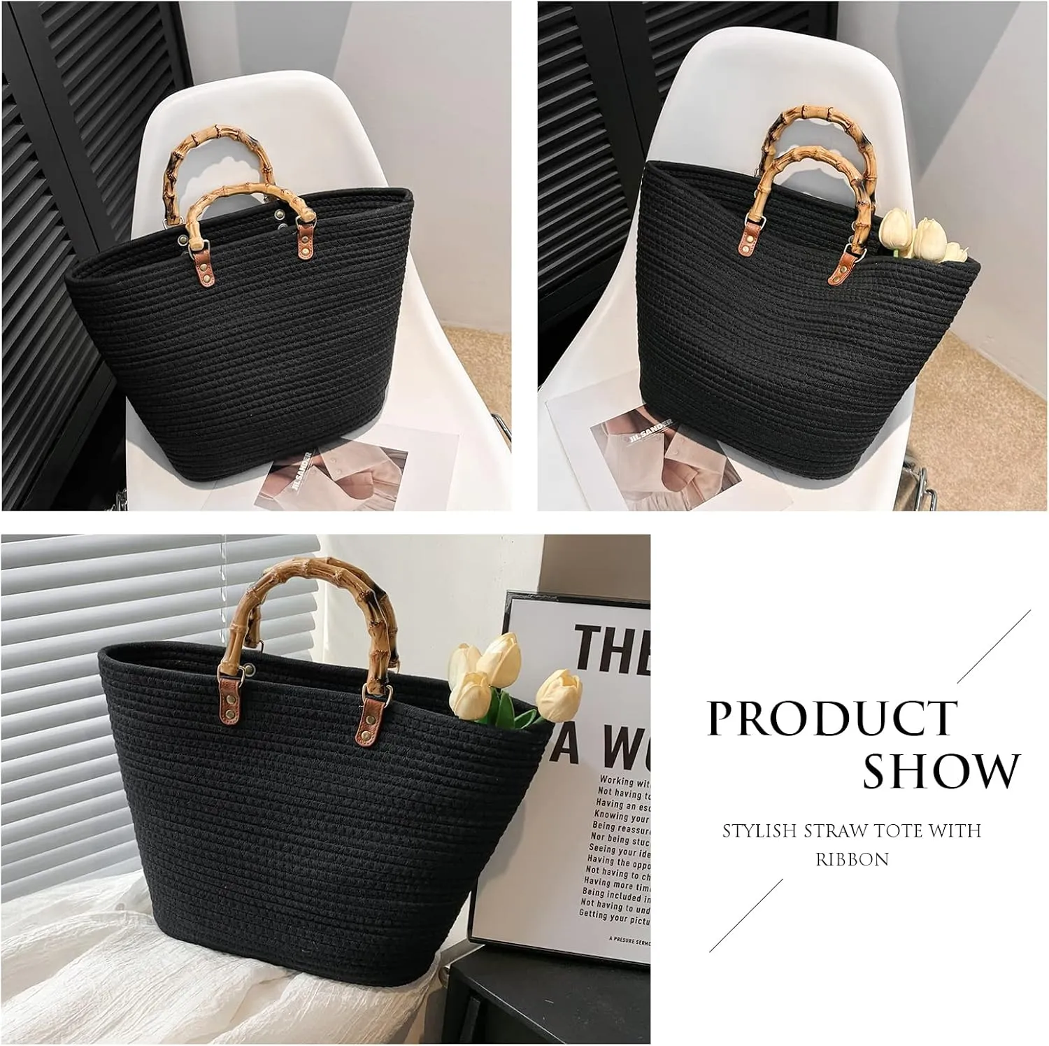 Summer Straw Handbags for Women Bamboo Handle Tote Bag Woven Beach Bags Vacation Purse