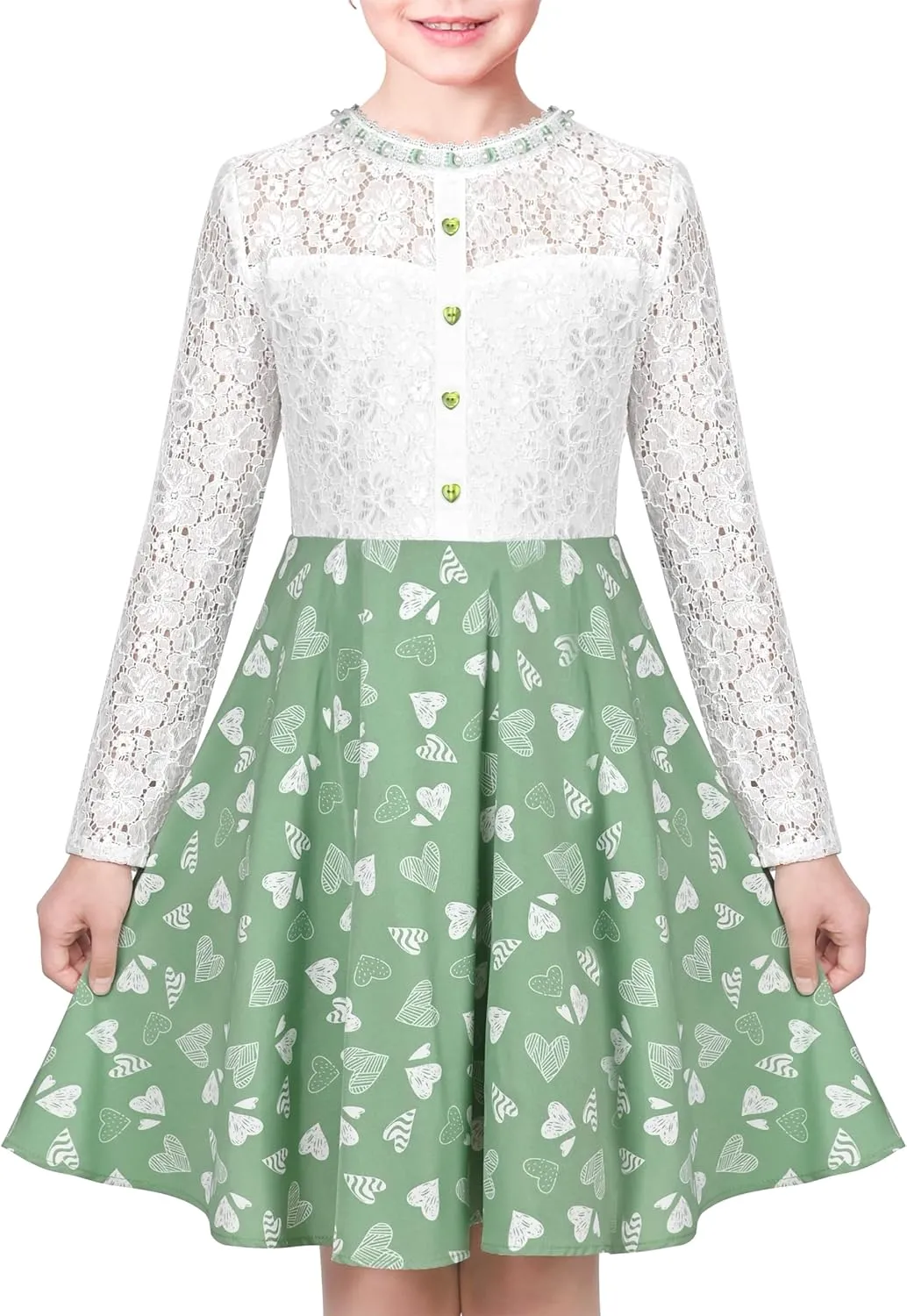 Sunny Fashion Girls Dress Green Floral Lace St Patrick Clover Party Long Sleeve