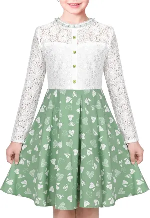 Sunny Fashion Girls Dress Green Floral Lace St Patrick Clover Party Long Sleeve