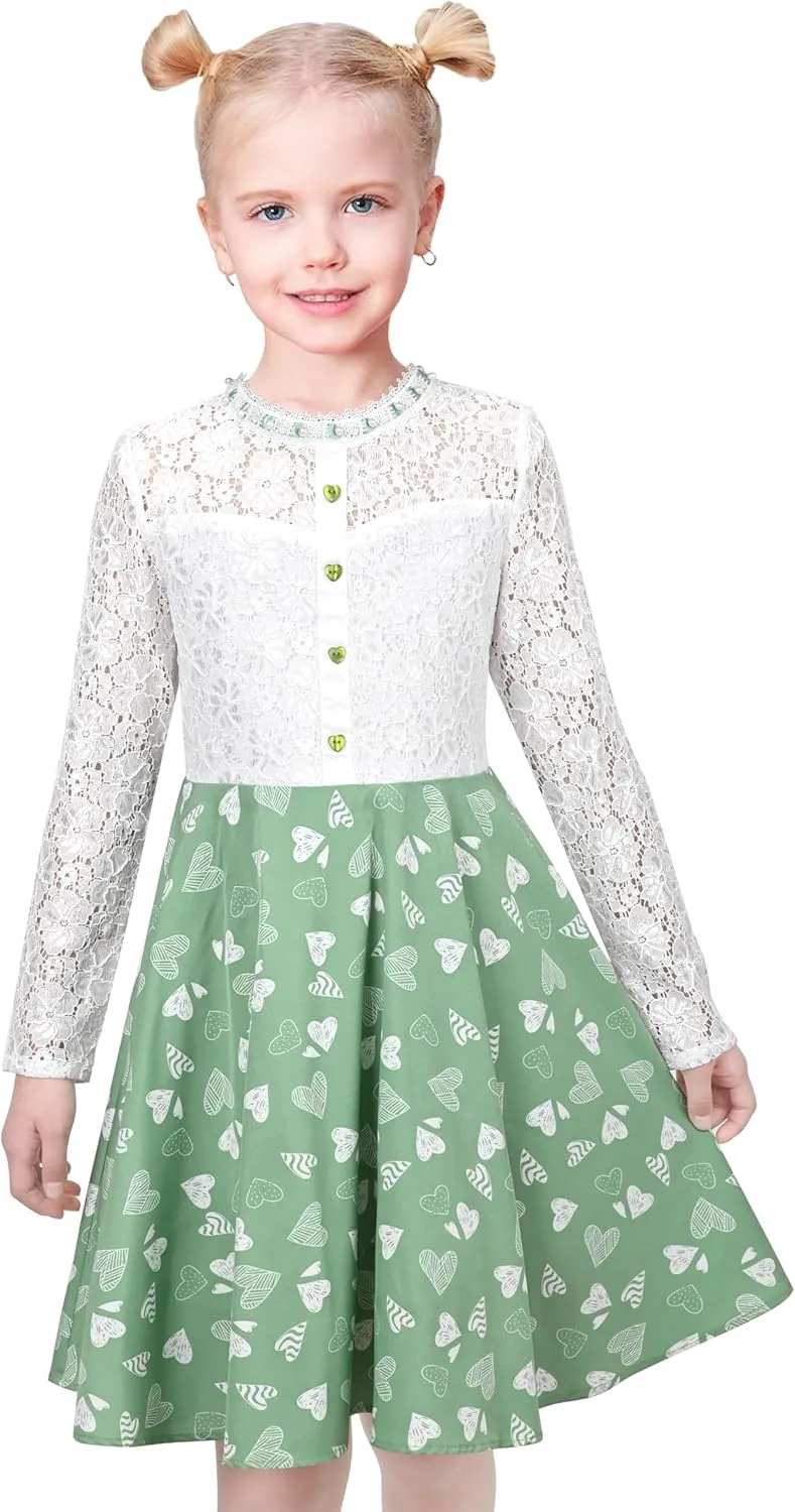 Sunny Fashion Girls Dress Green Floral Lace St Patrick Clover Party Long Sleeve