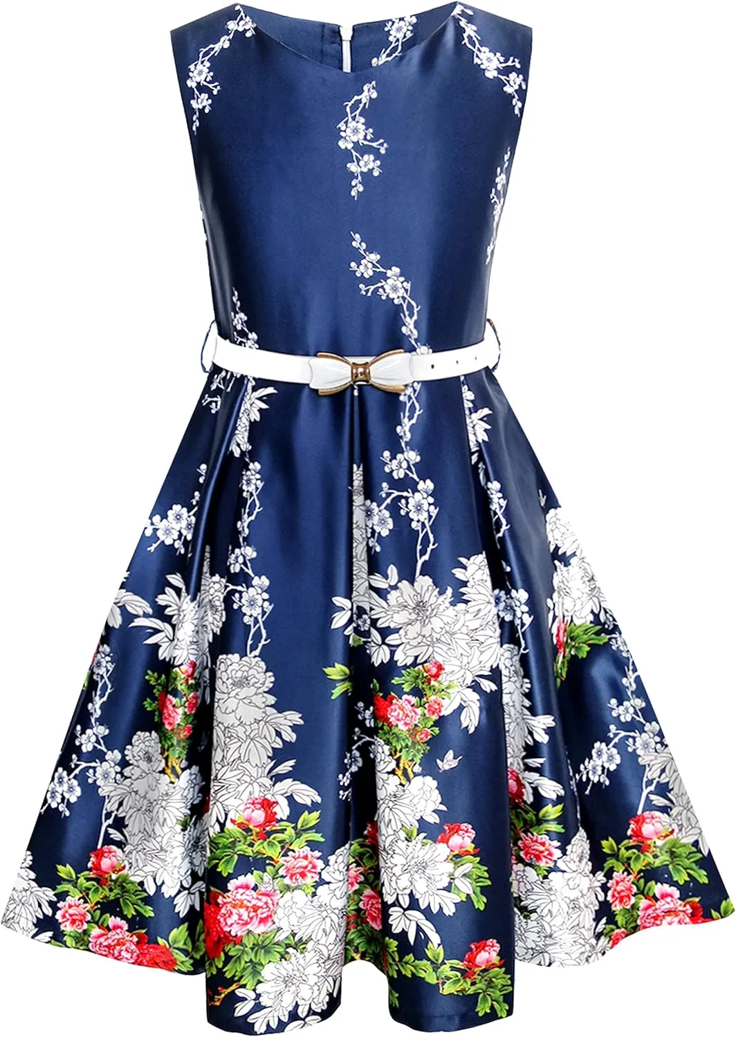 Sunny Fashion Girls Dress Navy Blue Flower Belt Vintage Party Size 6-14