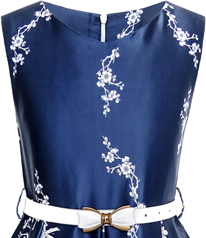 Sunny Fashion Girls Dress Navy Blue Flower Belt Vintage Party Size 6-14