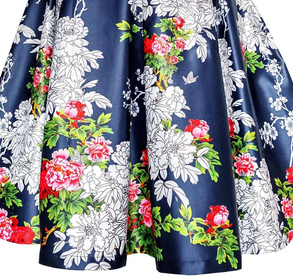 Sunny Fashion Girls Dress Navy Blue Flower Belt Vintage Party Size 6-14