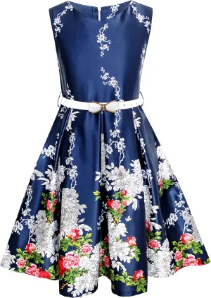Sunny Fashion Girls Dress Navy Blue Flower Belt Vintage Party Size 6-14