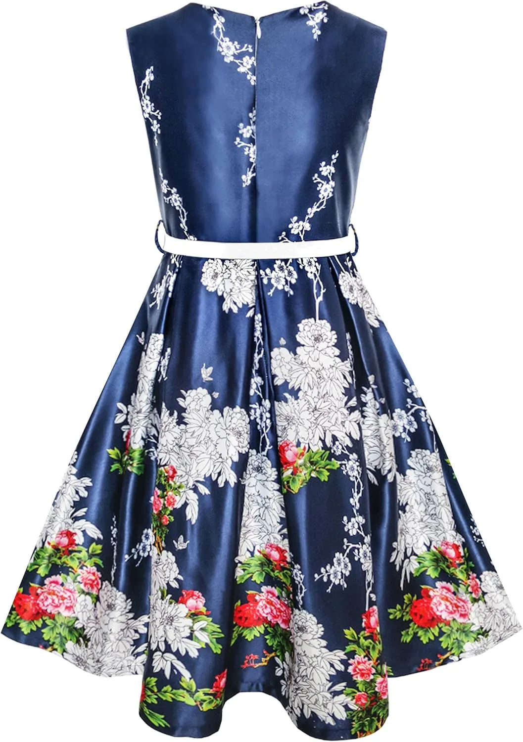 Sunny Fashion Girls Dress Navy Blue Flower Belt Vintage Party Size 6-14