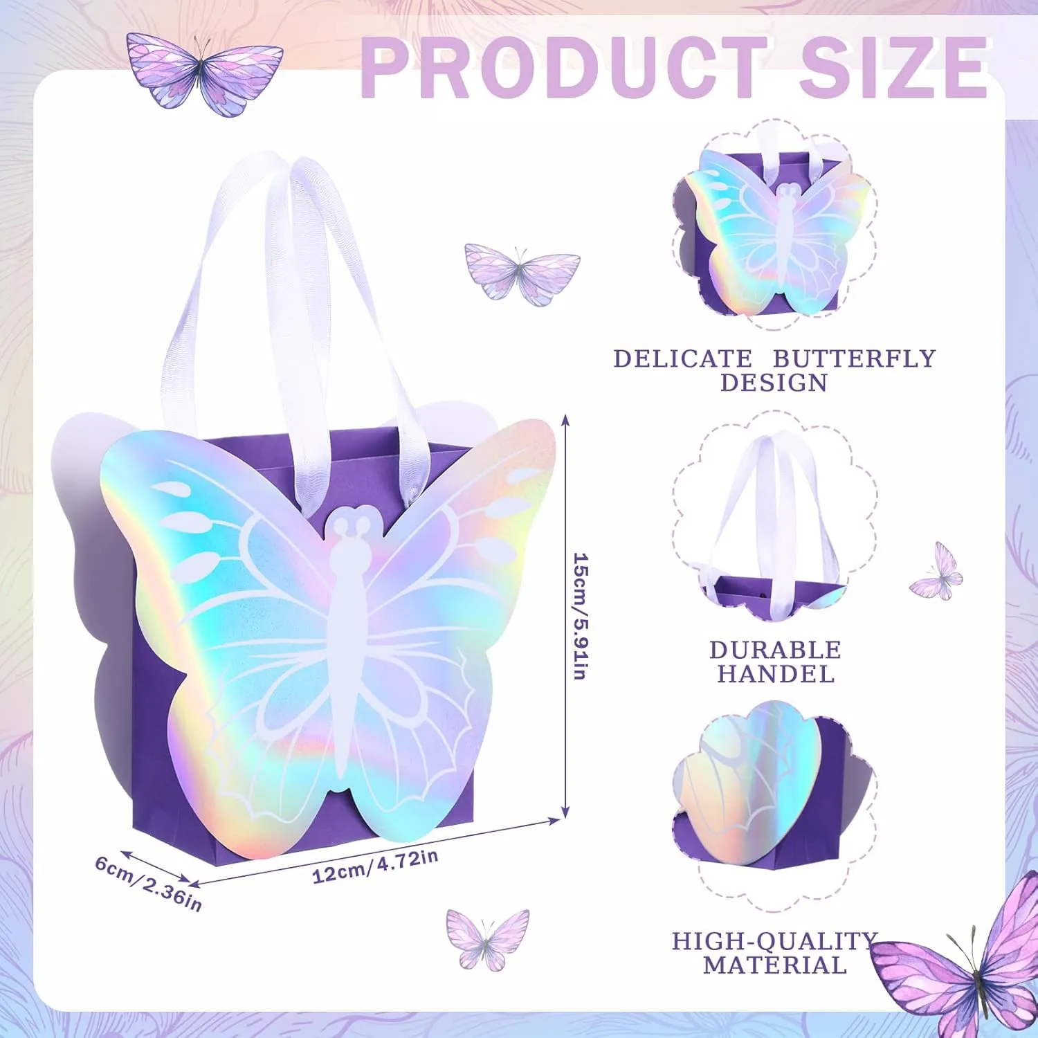 Sweetude 12 Pcs Holographic Butterfly Party Favor Bags Iridescent Purple Butterfly Goodie Bags for Birthday Gift Treat Candy Baby Shower Party Bridal Showers Supplies