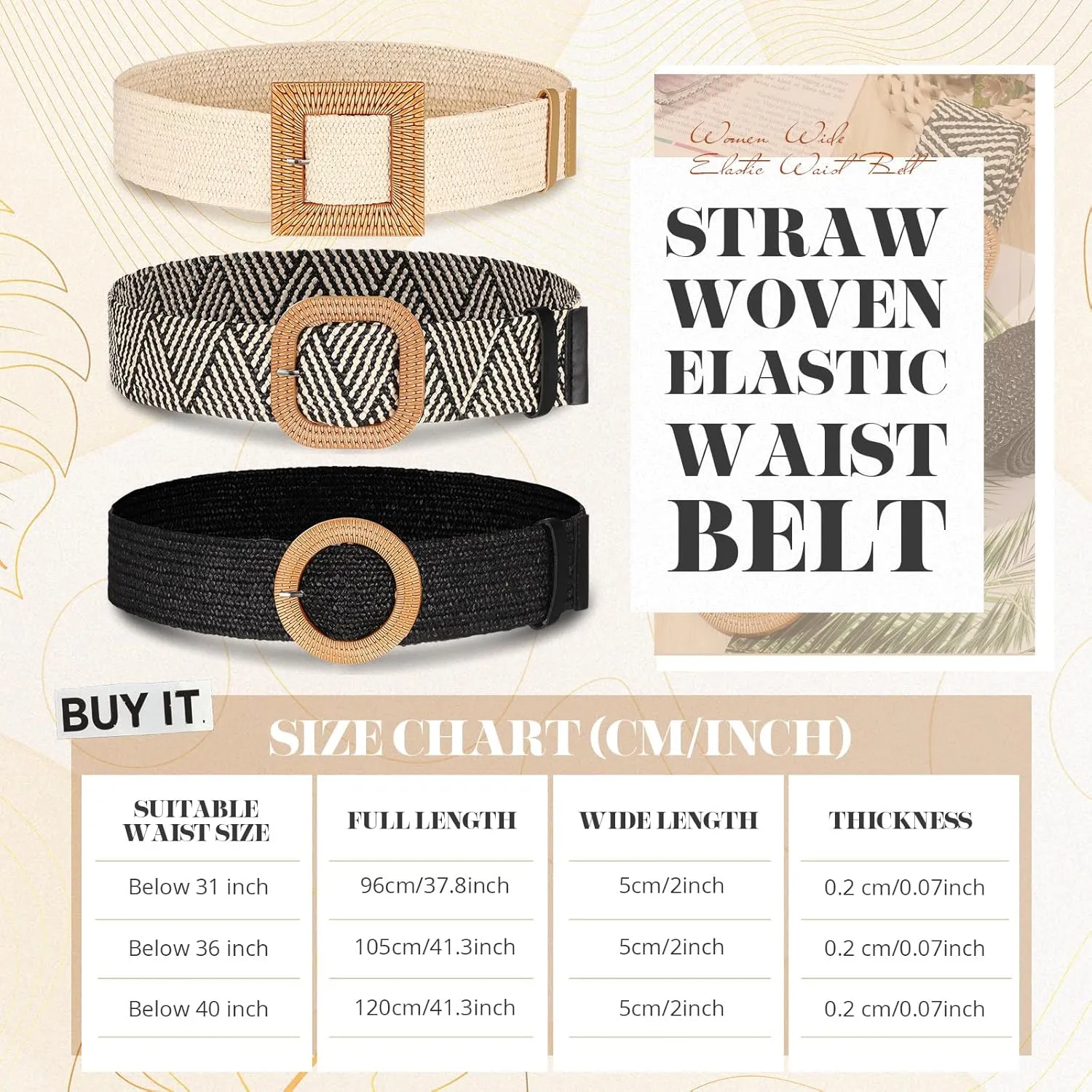 Syhood 3 Pieces Straw Woven Elastic Waist Belt for Women Bohemian Dress Braided Belt