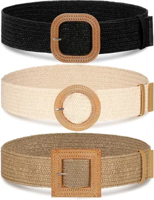 Syhood 3 Pieces Straw Woven Elastic Waist Belt for Women Bohemian Dress Braided Belt