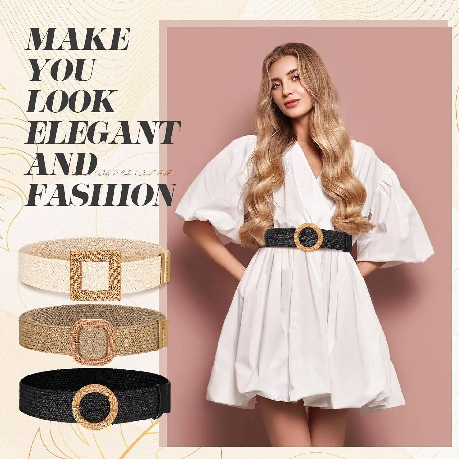 Syhood 3 Pieces Straw Woven Elastic Waist Belt for Women Bohemian Dress Braided Belt