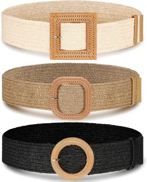 Syhood 3 Pieces Straw Woven Elastic Waist Belt for Women Bohemian Dress Braided Belt