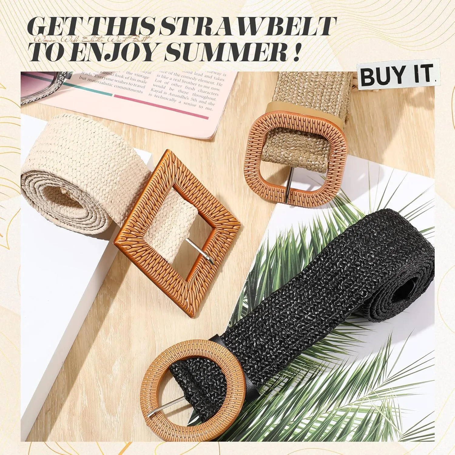 Syhood 3 Pieces Straw Woven Elastic Waist Belt for Women Bohemian Dress Braided Belt