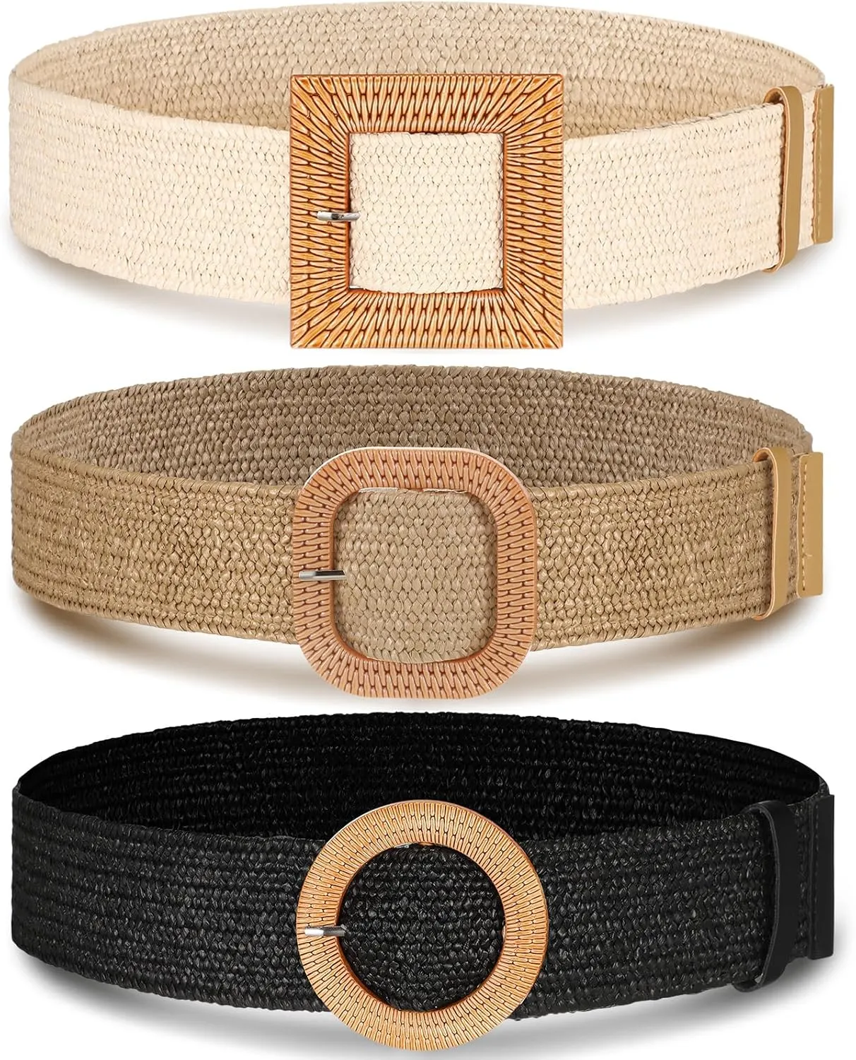Syhood 3 Pieces Straw Woven Elastic Waist Belt for Women Bohemian Dress Braided Belt