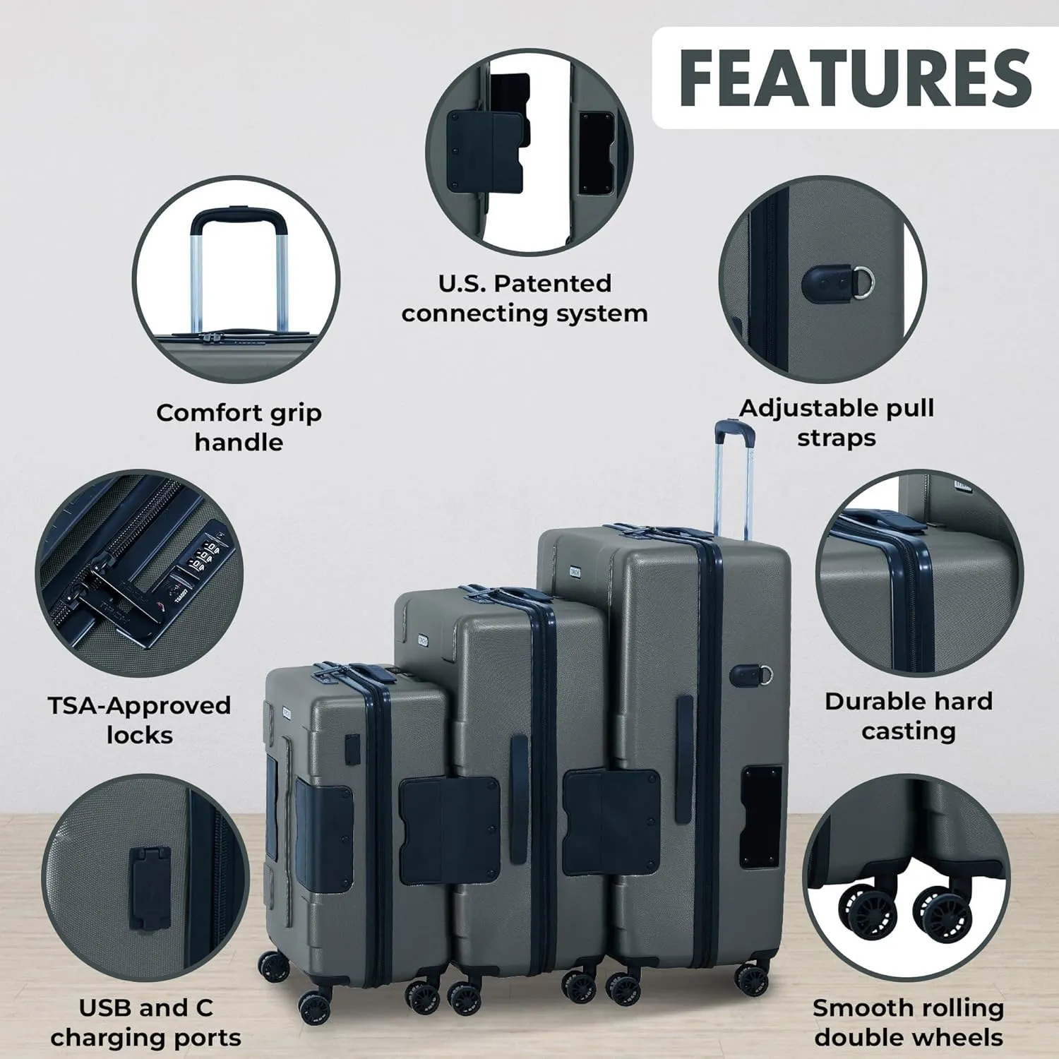 Tach V3.1 Hard Shell 3 Piece Luggage Set - 20, 24 & 28 inch Luggage | Carry On, Medium & Large Checked Suitcases | Patented Built-In Connecting System | Rolling Suitcase Links 6 Bags (Grey)