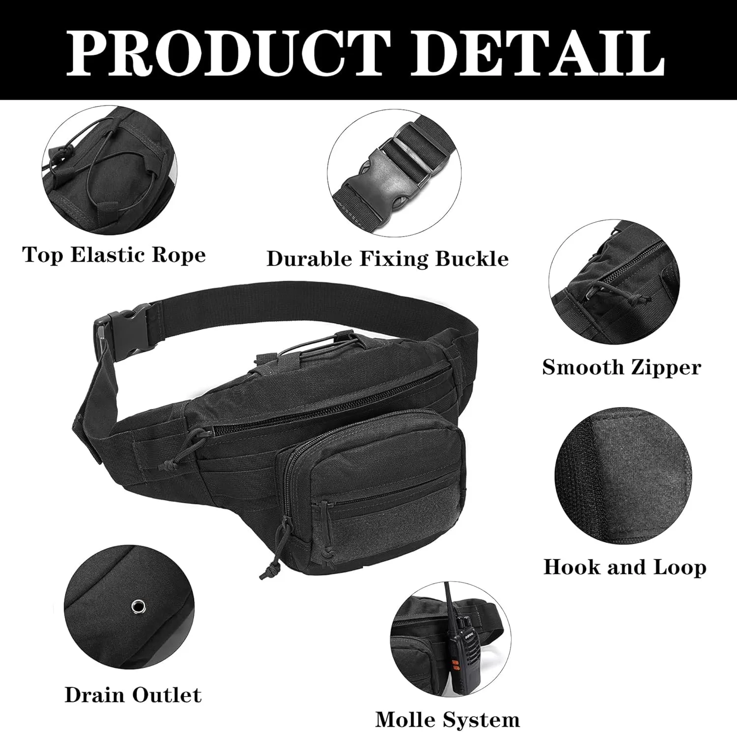 Tactical Fanny Pack for Men-Concealed Carry Waist Bag with Multi-Pockets,Durable & Comfortable Design for Outdoor Hiking,Climbing,Fishing Black