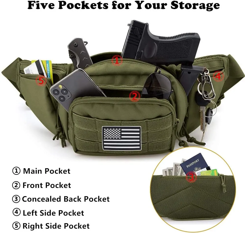 Tactical Fanny Pack Gun Holster Concealed Carry Pistol Military Tactical Waist Bag Waterproof Molle EDC Pouch with USA Flag Patch
