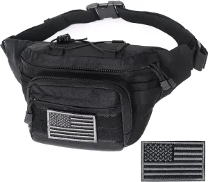 Tactical Fanny Pack, Military Waist Bag Hip Belt Bumbag Utility Bags for Outdoor Hiking Climbing Fishing with U.S Patch (Black)