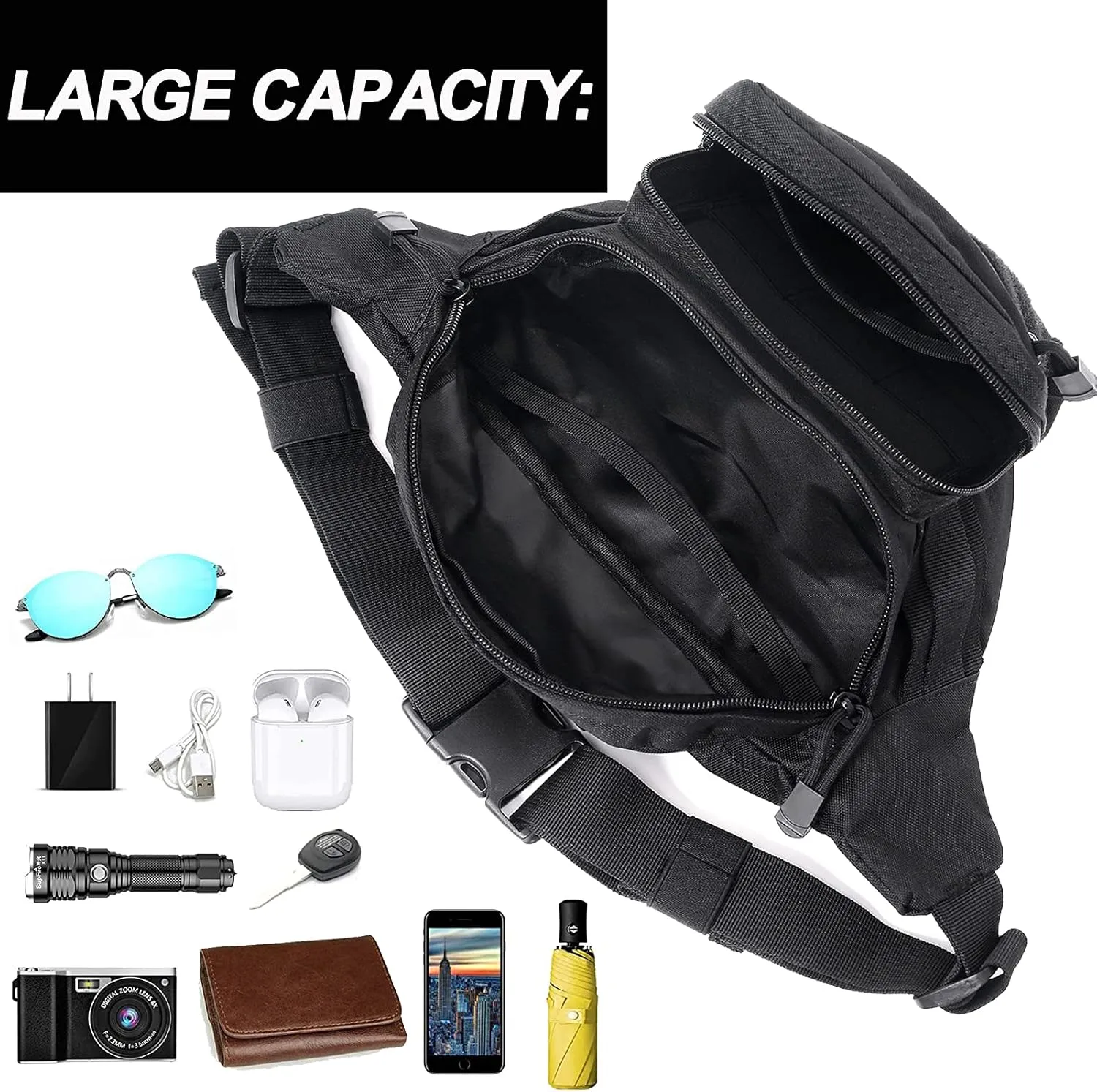 Tactical Fanny Pack, Military Waist Bag Hip Belt Bumbag Utility Bags for Outdoor Hiking Climbing Fishing with U.S Patch (Black)