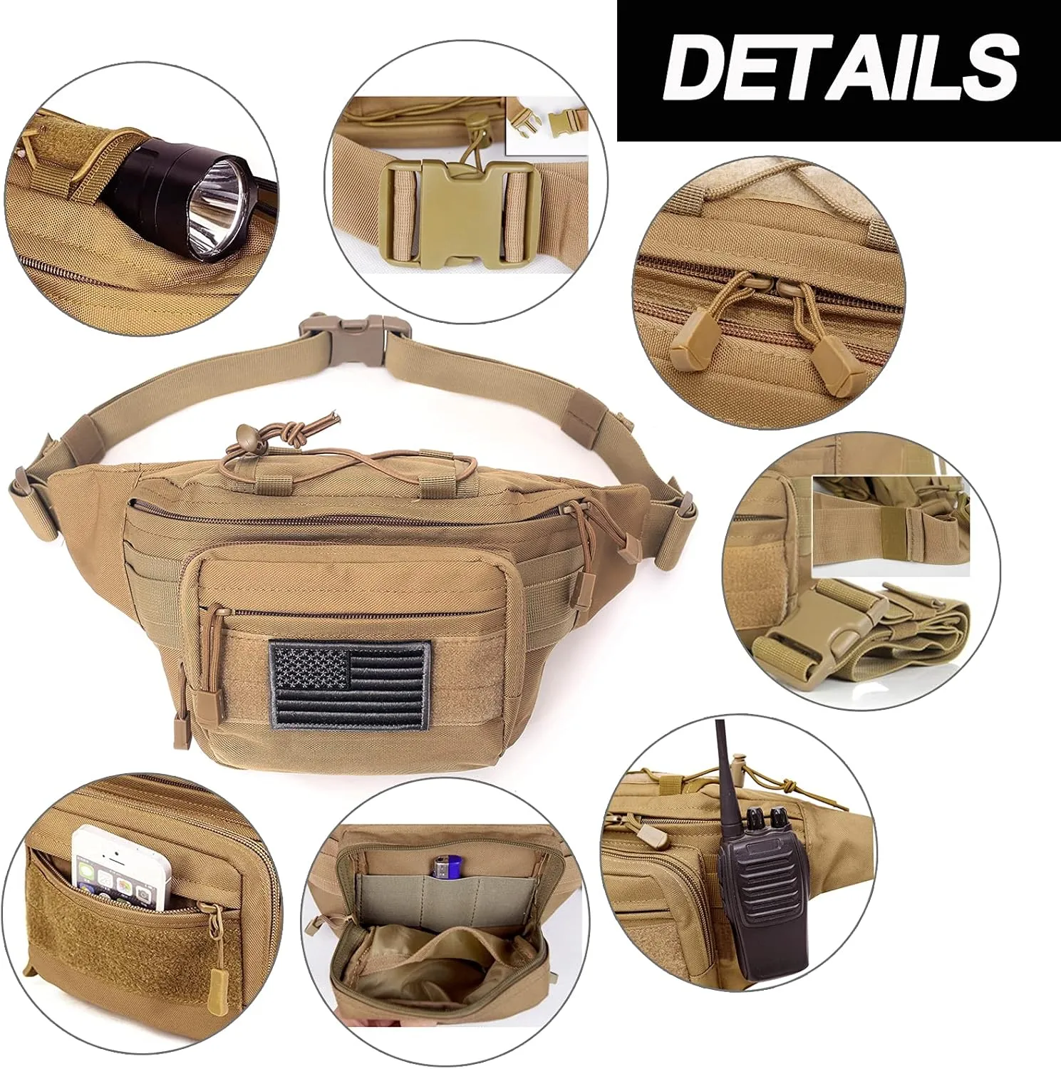 Tactical Fanny Pack, Military Waist Bag Hip Belt Bumbag Utility Bags for Outdoor Hiking Climbing Fishing with U.S Patch (Black)