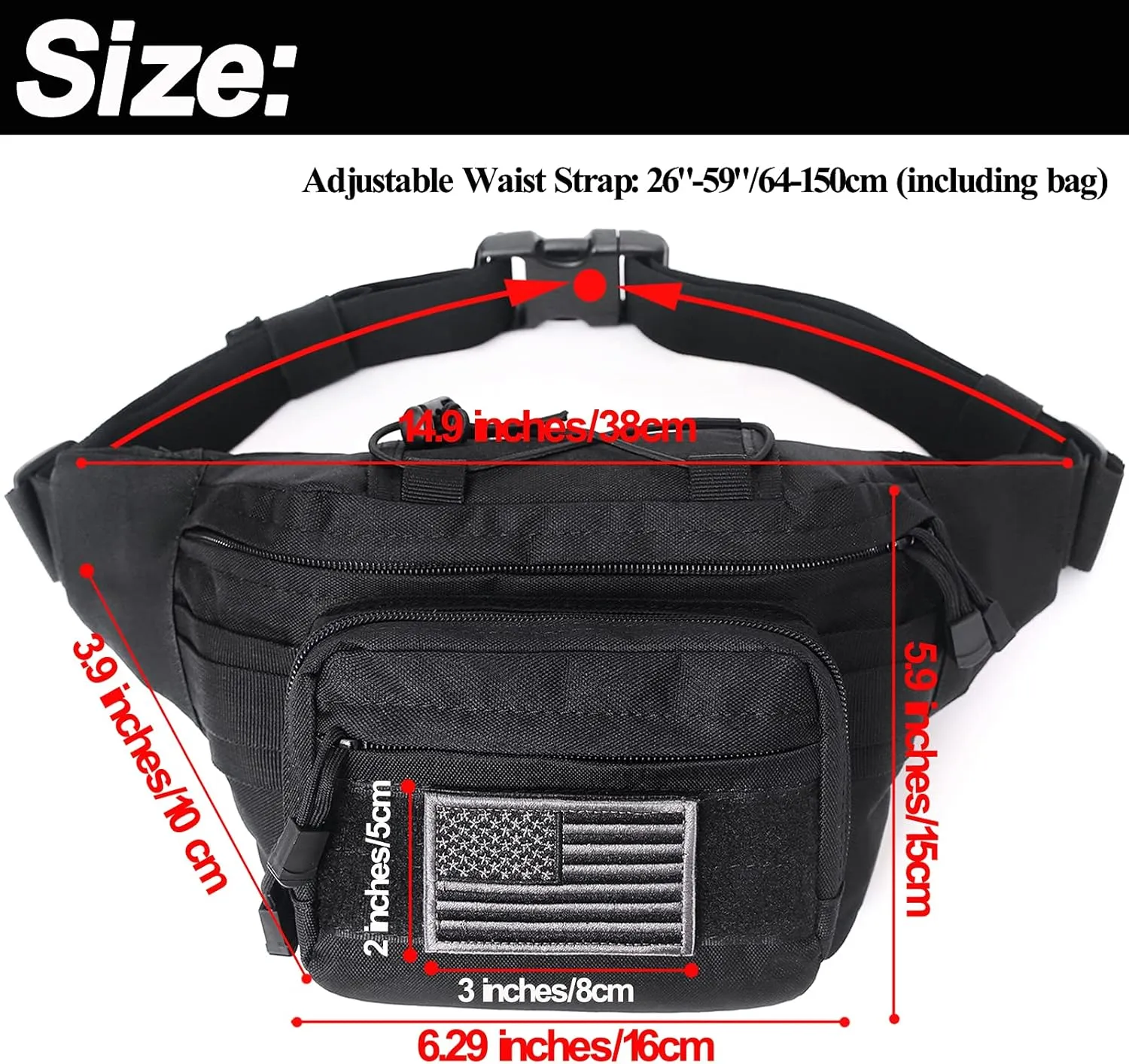 Tactical Fanny Pack, Military Waist Bag Hip Belt Bumbag Utility Bags for Outdoor Hiking Climbing Fishing with U.S Patch (Black)