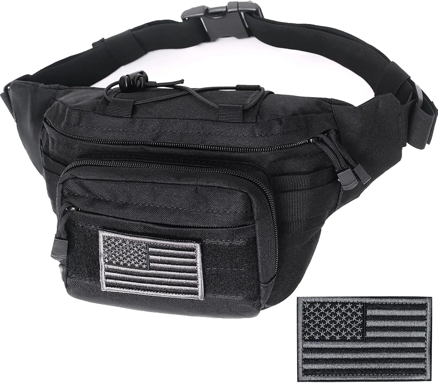 Tactical Fanny Pack, Military Waist Bag Hip Belt Bumbag Utility Bags for Outdoor Hiking Climbing Fishing with U.S Patch (Black)