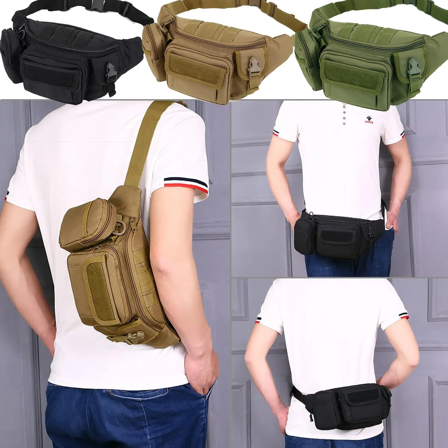 Tactical Fanny Packs, Military Waist Bag Utility Hip Belt Bags for Hiking Climbing Fishing Cycling Hunting with U.S Patch (Green)