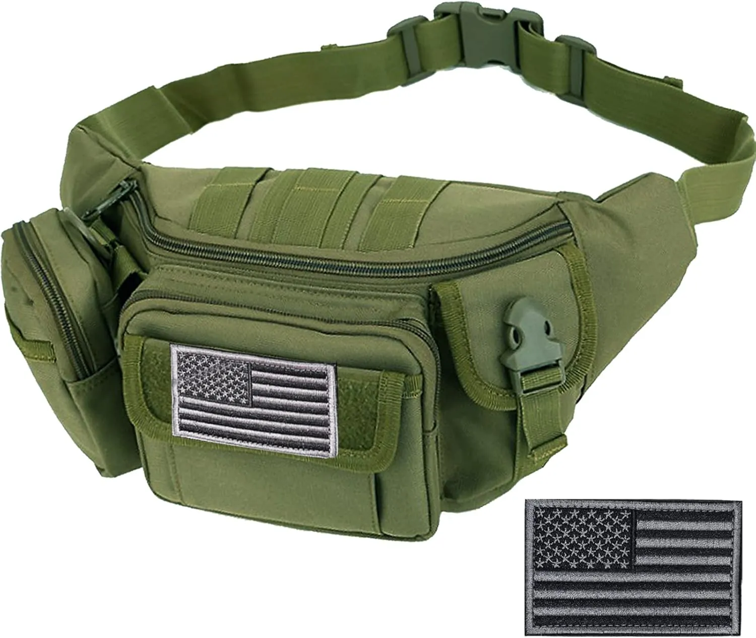 Tactical Fanny Packs, Military Waist Bag Utility Hip Belt Bags for Hiking Climbing Fishing Cycling Hunting with U.S Patch (Green)