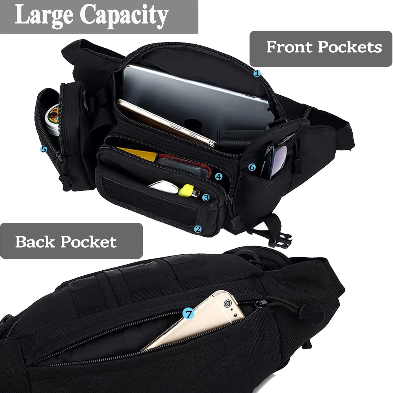 Tactical Fanny Packs, Military Waist Bag Utility Hip Belt Bags for Hiking Climbing Fishing Cycling Hunting with U.S Patch (Green)