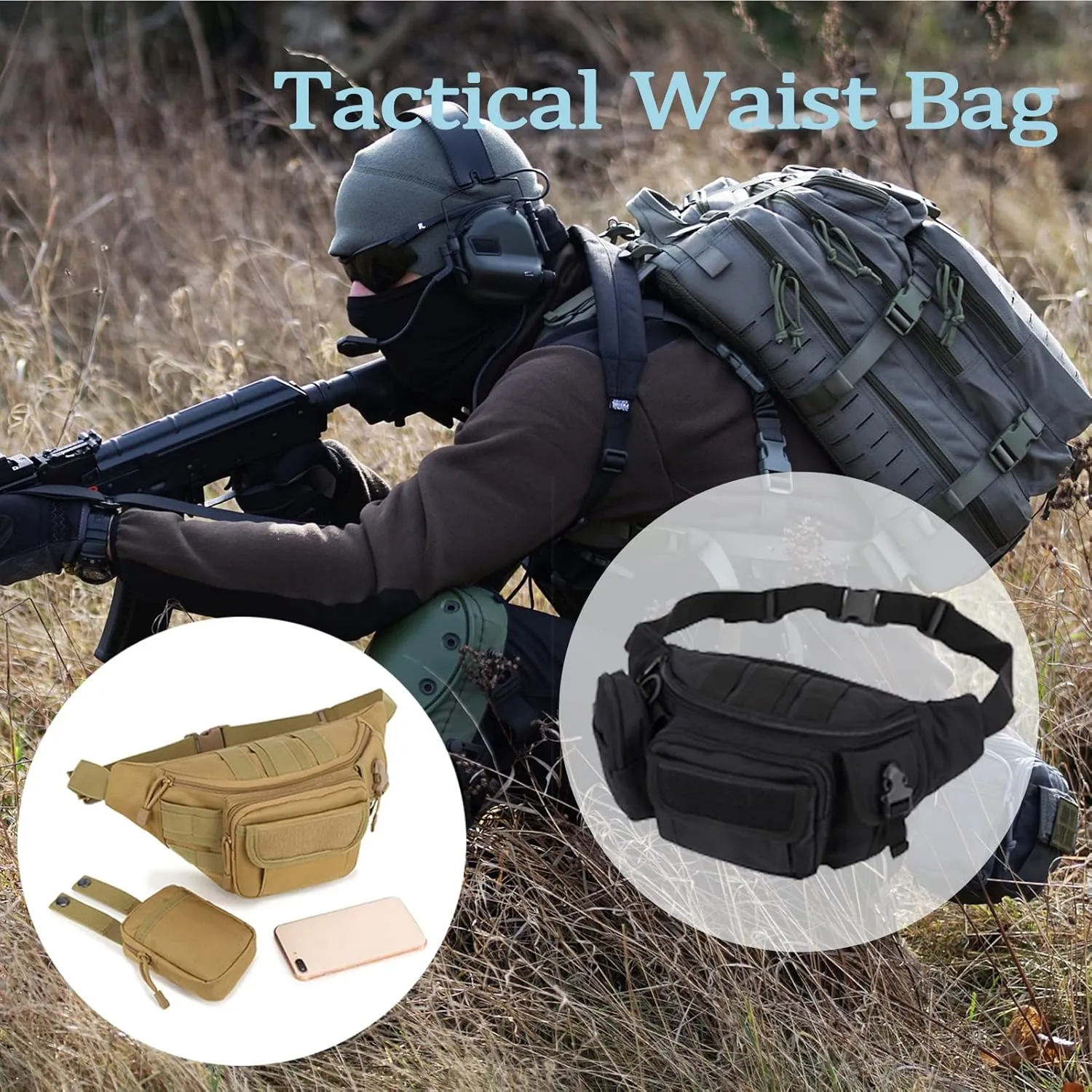 Tactical Fanny Packs, Military Waist Bag Utility Hip Belt Bags for Hiking Climbing Fishing Cycling Hunting with U.S Patch (Green)