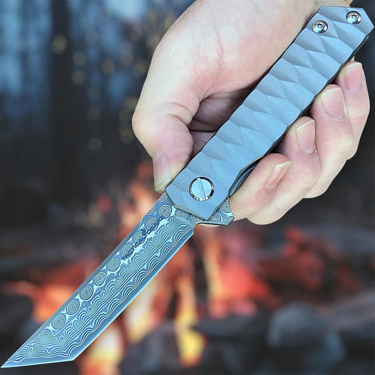 TACTICAL GEARZ Damascus Pocket Knife for EDC, Solid Tc4 Titanium Handle, Multi-Layered Damascus Steel VG10 Tanto Blade, Includes Sheath (Silver XT)