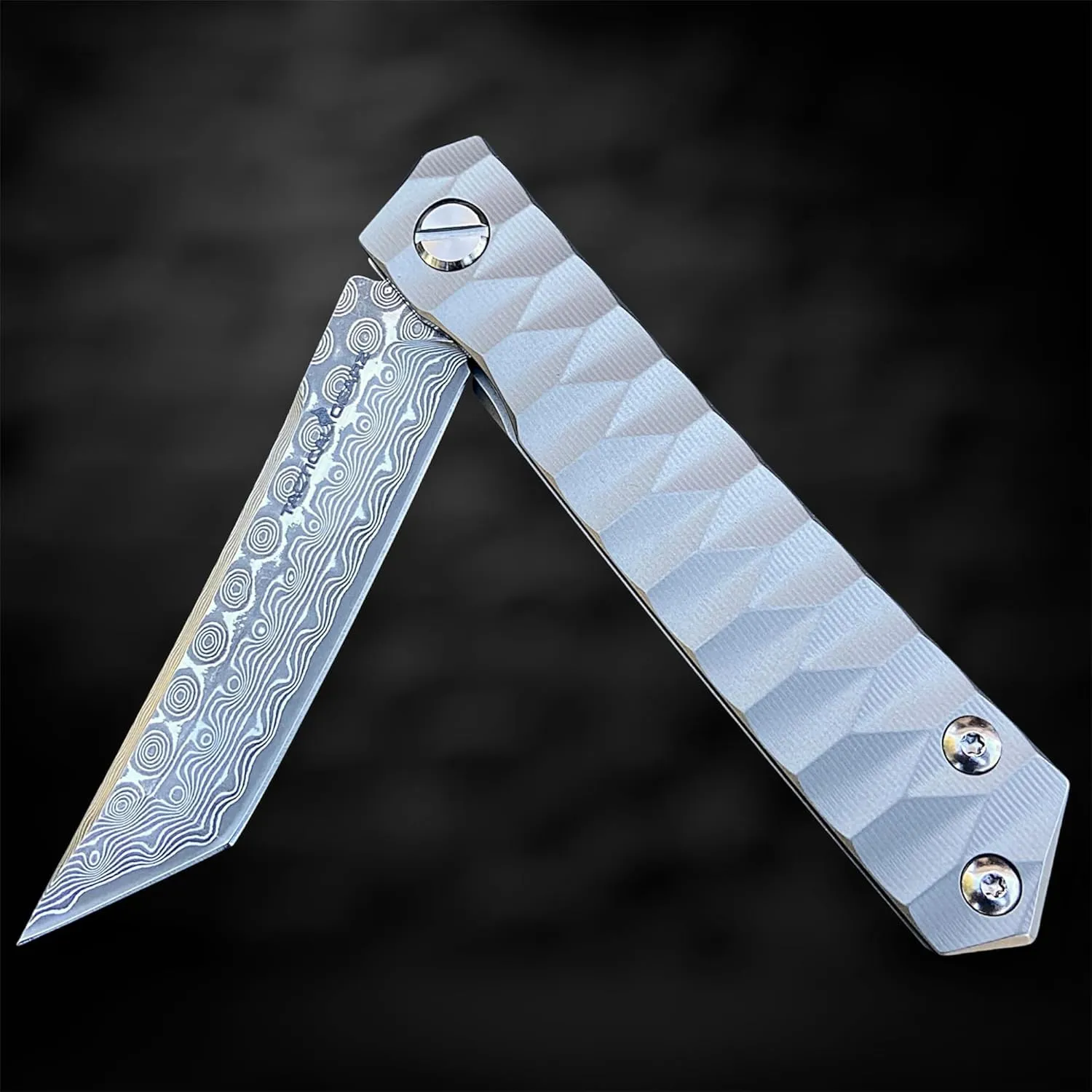 TACTICAL GEARZ Damascus Pocket Knife for EDC, Solid Tc4 Titanium Handle, Multi-Layered Damascus Steel VG10 Tanto Blade, Includes Sheath (Silver XT)