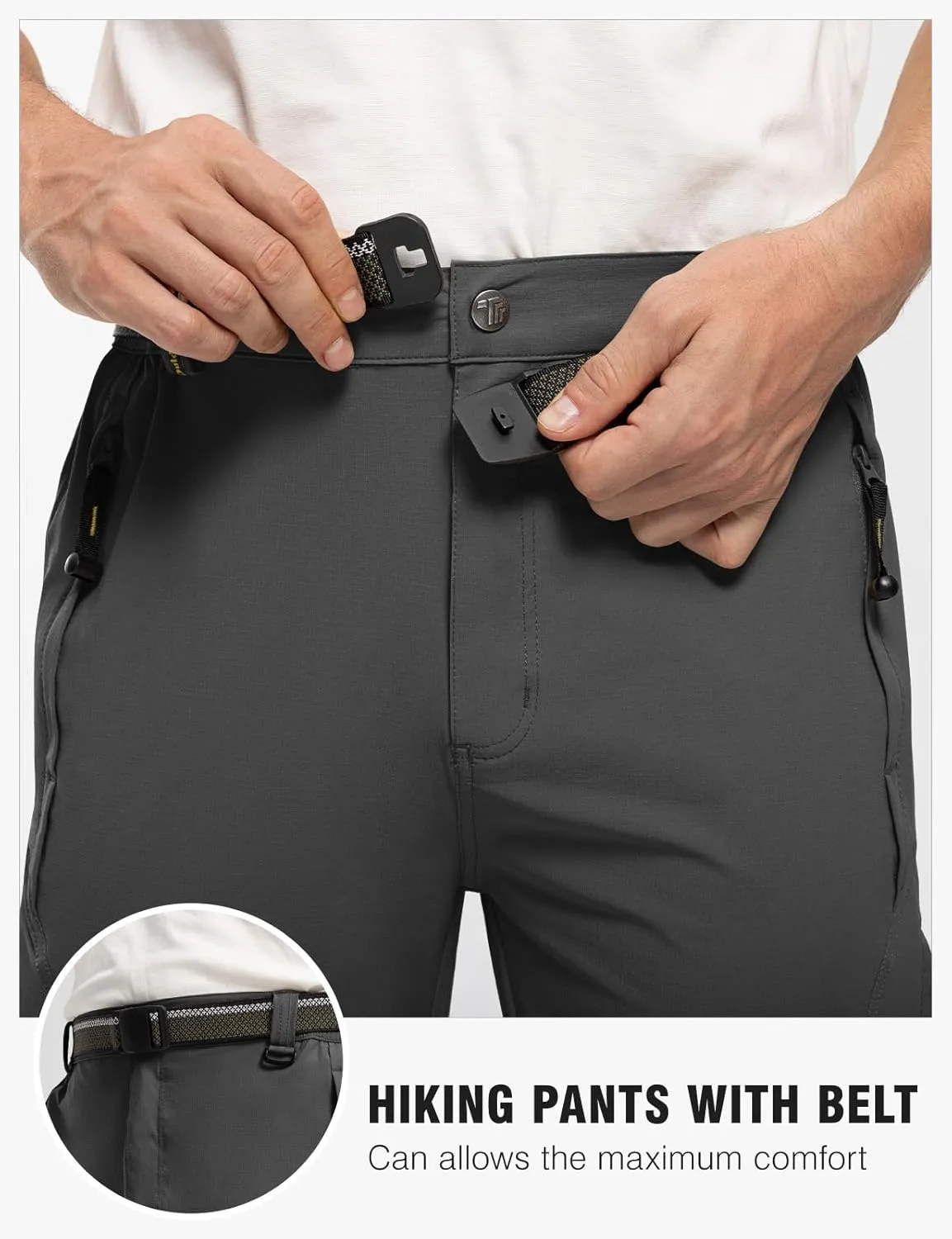 TBMPOY Men's Lightweight Hiking Pants with Belt 5 Zip Pockets Waterproof Quick-Dry Travel Fishing Work Outdoor Pants
