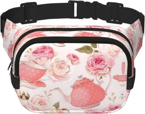 Tea Cups With Roses Romantic Shabby Print Unisex Square Double Layer Waist Bag Trendy Crossbody Fanny Pack Travel Workouts