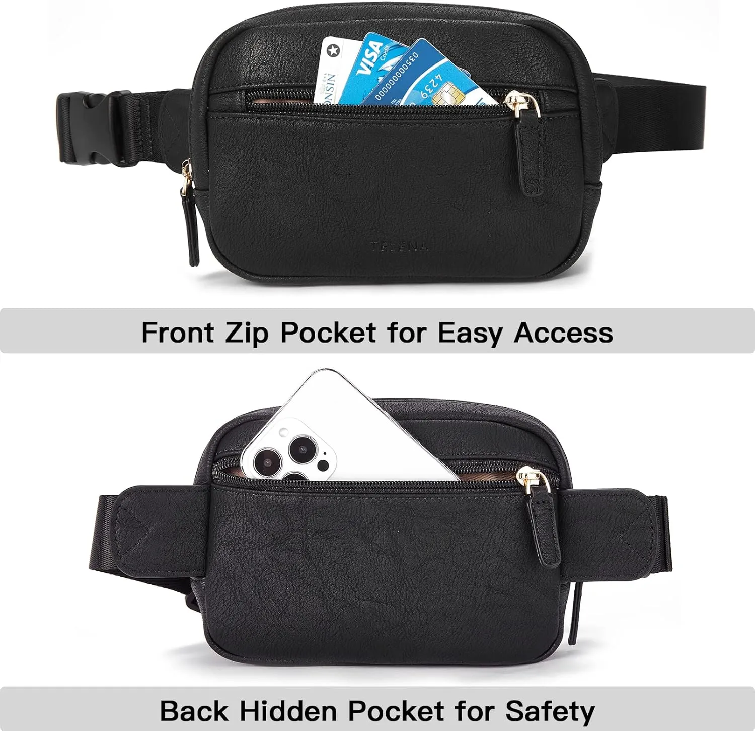 Telena Belt Bag for Women PU Leather Fanny Pack Crossbody Bags for Women Waist Bag with Adjustable Strap, Black