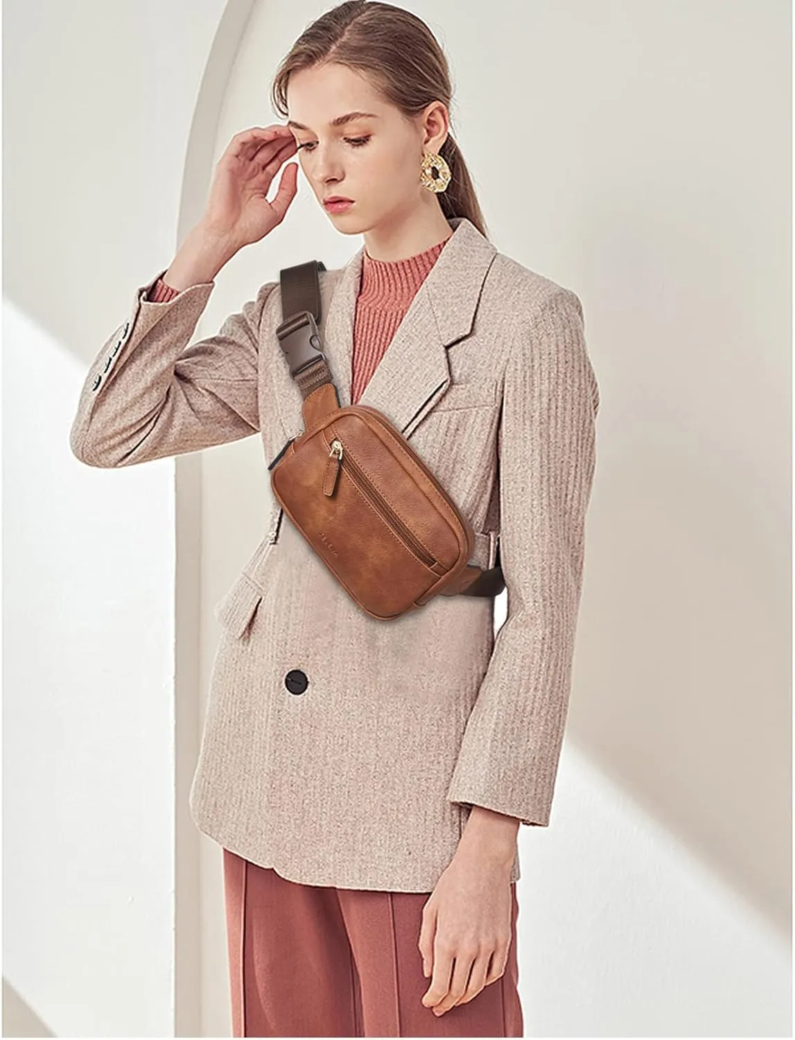 Telena Belt Bag for Women PU Leather Fanny Pack Crossbody Waist Bags with Adjustable Strap Brown