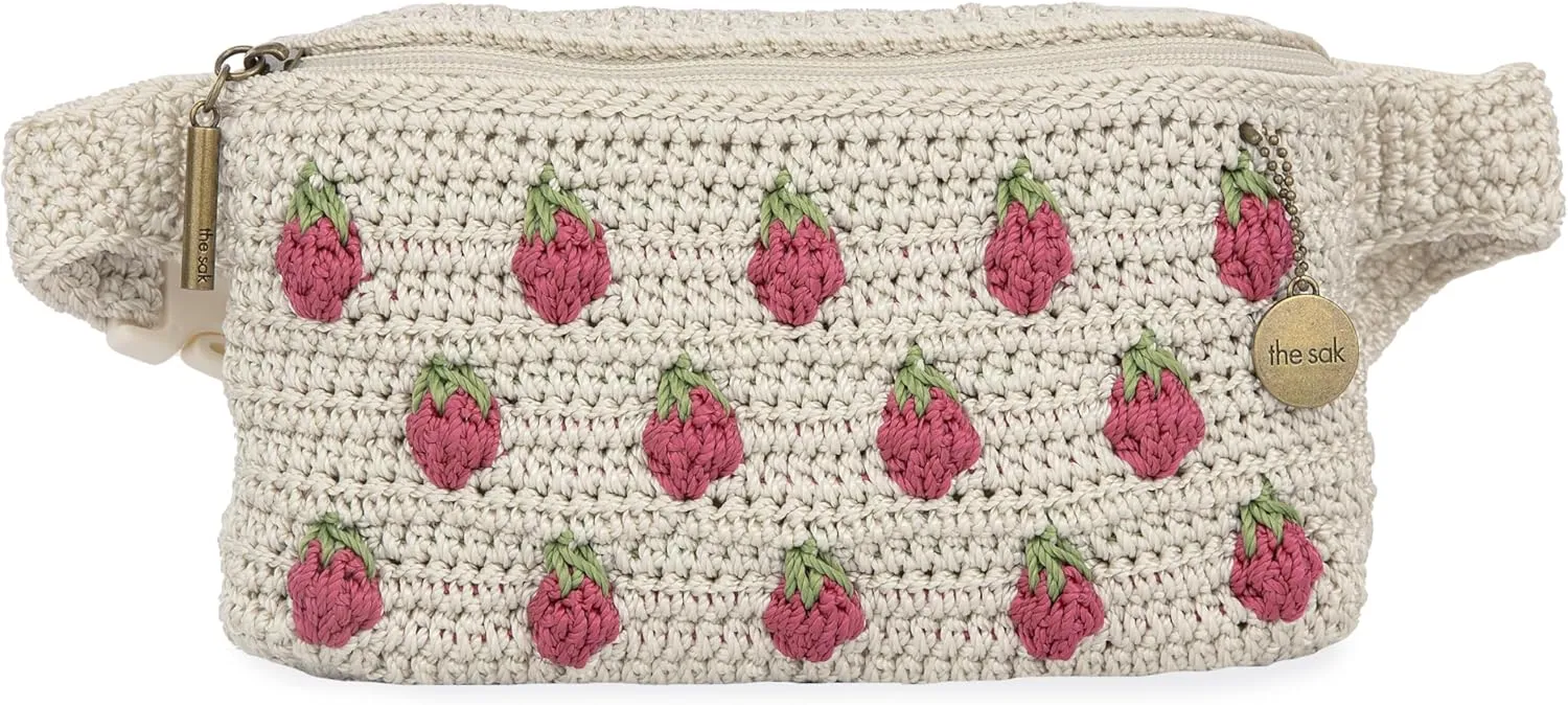 The Sak Caraway Belt Bag in Crochet, Adjustable Back Strap, Natural Strawberries