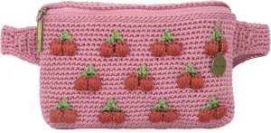 The Sak Caraway Belt Bag in Crochet, Adjustable Back Strap, Pink Cherries