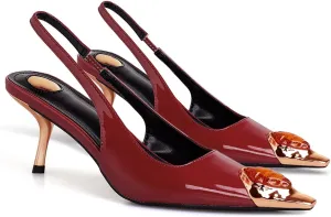 THESHY Womens Slingback High Heels Metal Pointed Toe Stiletto Heels Gems Embellished Stretch Slingback Pumps Patent Leather Fashion Party Dress Shoes for Women