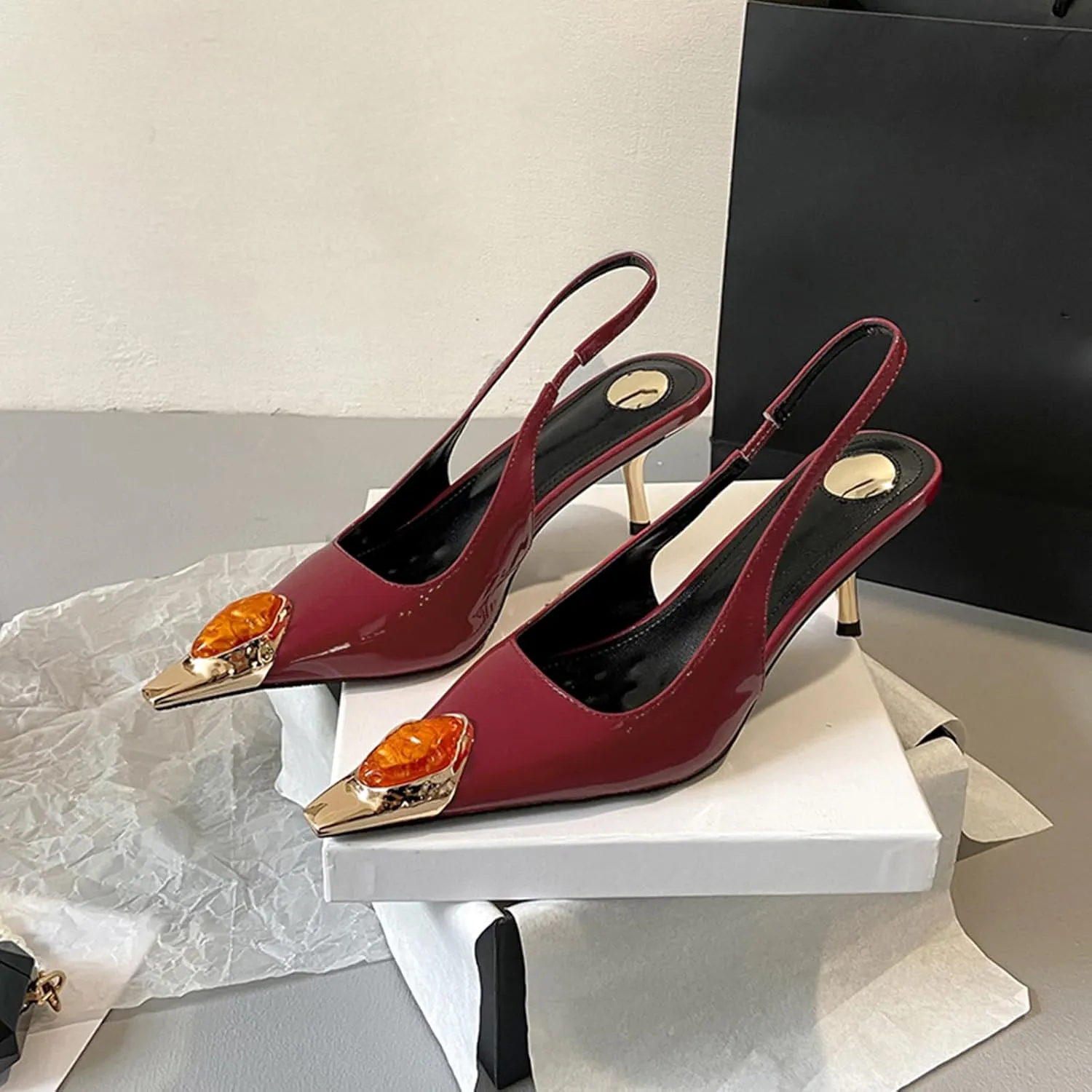 THESHY Womens Slingback High Heels Metal Pointed Toe Stiletto Heels Gems Embellished Stretch Slingback Pumps Patent Leather Fashion Party Dress Shoes for Women