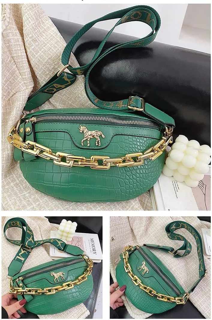 Thick Chain Fanny Pack for Women Small Crossbody Sling Purse Shoulder Chest Bag Belt Bum Bag (green)