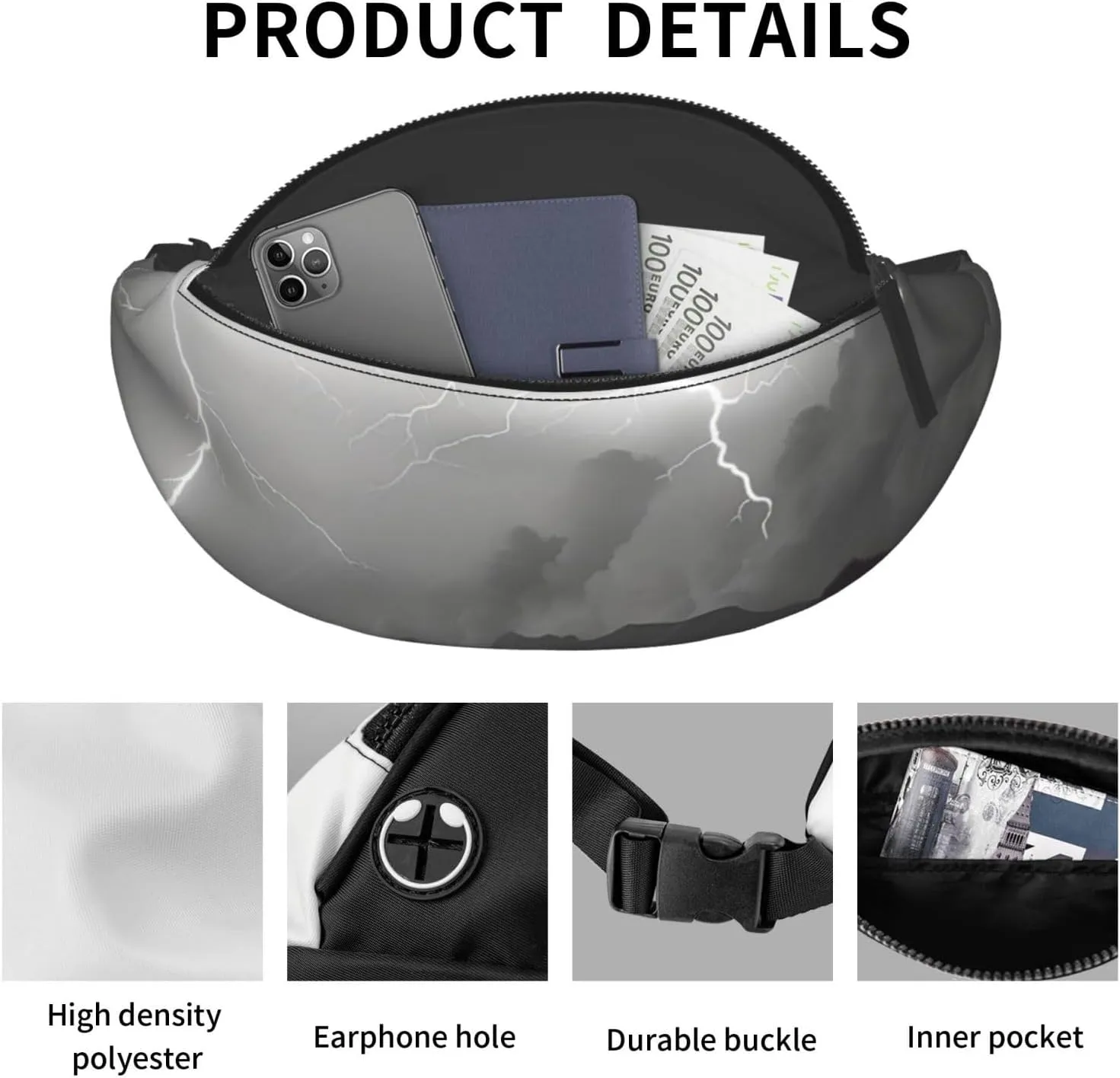 Thunder Landscape Fanny Pack for Man Women Waist Bag Adjustable Belt Casual Chest Bag Bum Bags for Travel Sports Running Hiking Waist Packs