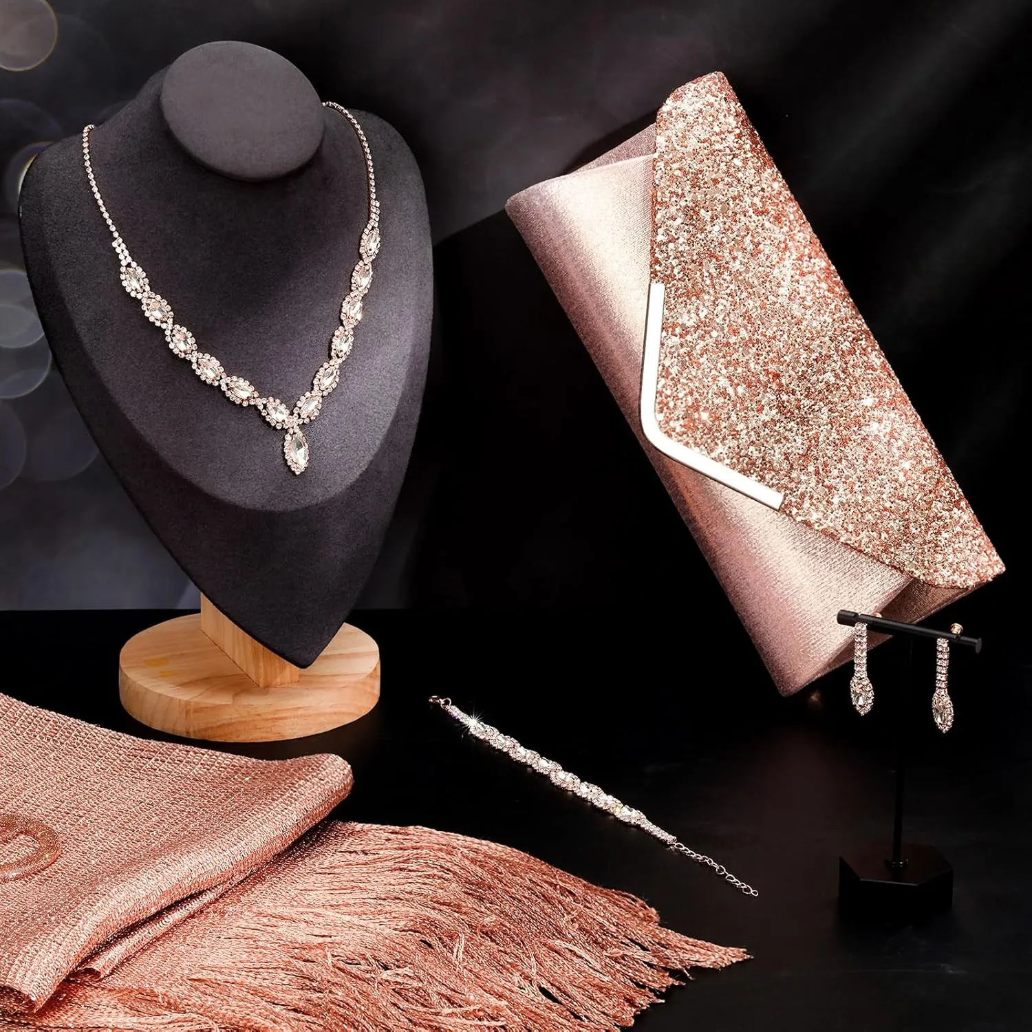 Tiamon 5 Pcs Rhinestone Jewelry Sets Shawls and Wraps Formal Clutch Purses for Women Evening Dresses Weddings