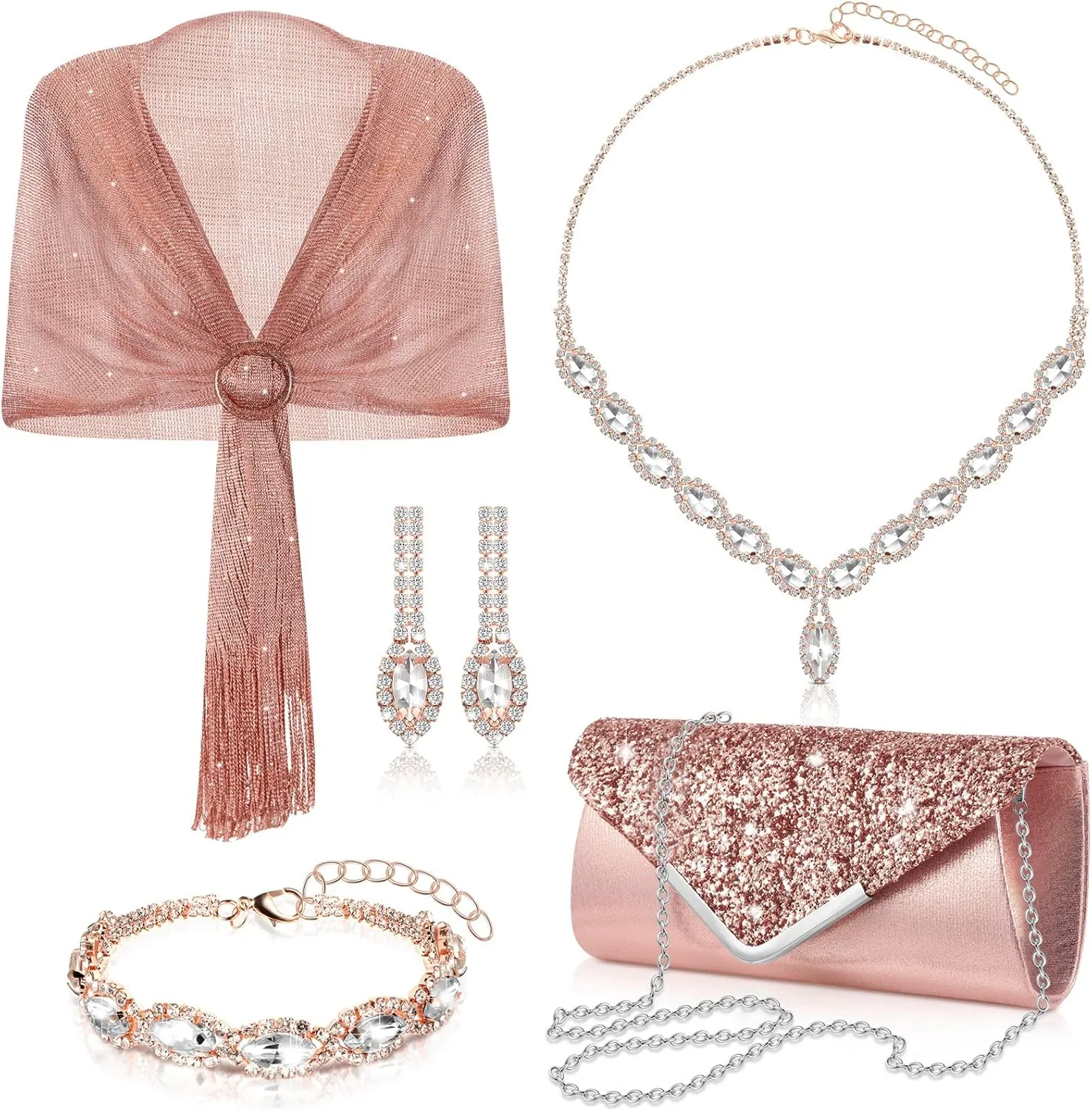 Tiamon 5 Pcs Rhinestone Jewelry Sets Shawls and Wraps Formal Clutch Purses for Women Evening Dresses Weddings
