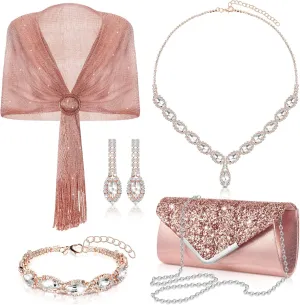 Tiamon 5 Pcs Rhinestone Jewelry Sets Shawls and Wraps Formal Clutch Purses for Women Evening Dresses Weddings