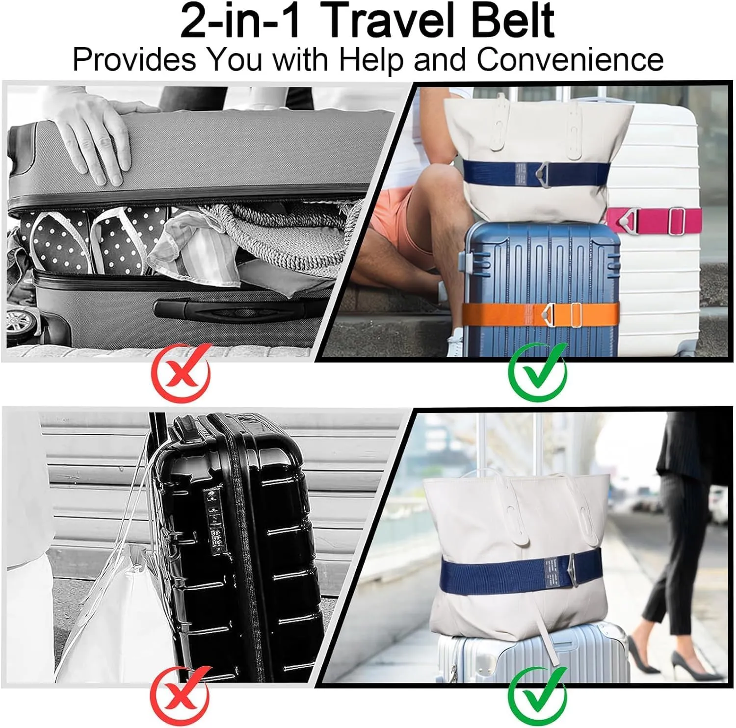 TIGARI Luggage Straps for Suitcases add a Bag, 2-in-1 Suitcase Strap, Travel Belt for Luggage Over Handle, Adjustable Alloy Buckle Luggage Elastic Belt, Travel Essentials for Airport, Trip, Boarding