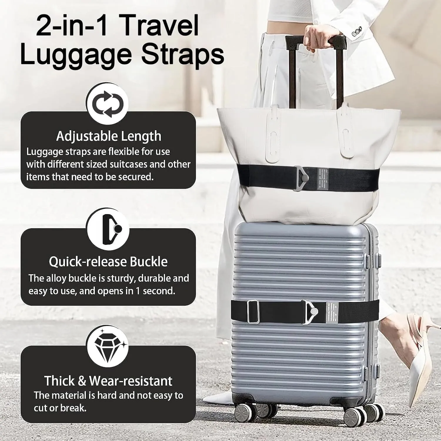 TIGARI Luggage Straps for Suitcases add a Bag, 2-in-1 Suitcase Strap, Travel Belt for Luggage Over Handle, Adjustable Alloy Buckle Luggage Elastic Belt, Travel Essentials for Airport, Trip, Boarding