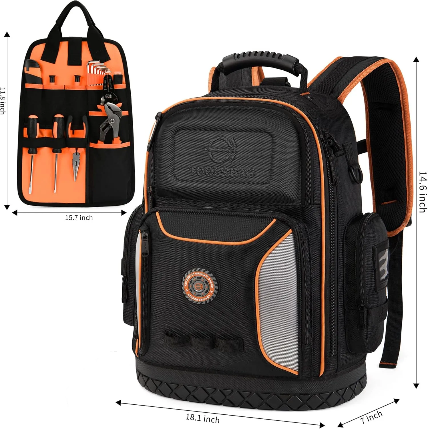 Tool Bag Backpack, 75 Pockets & Loops Heavy Duty Tools Organizer Bags/HVAC Tool Carrier for Eelectrician/Construction Work with Molded Base and Combination Lock, Large, Black and Orange