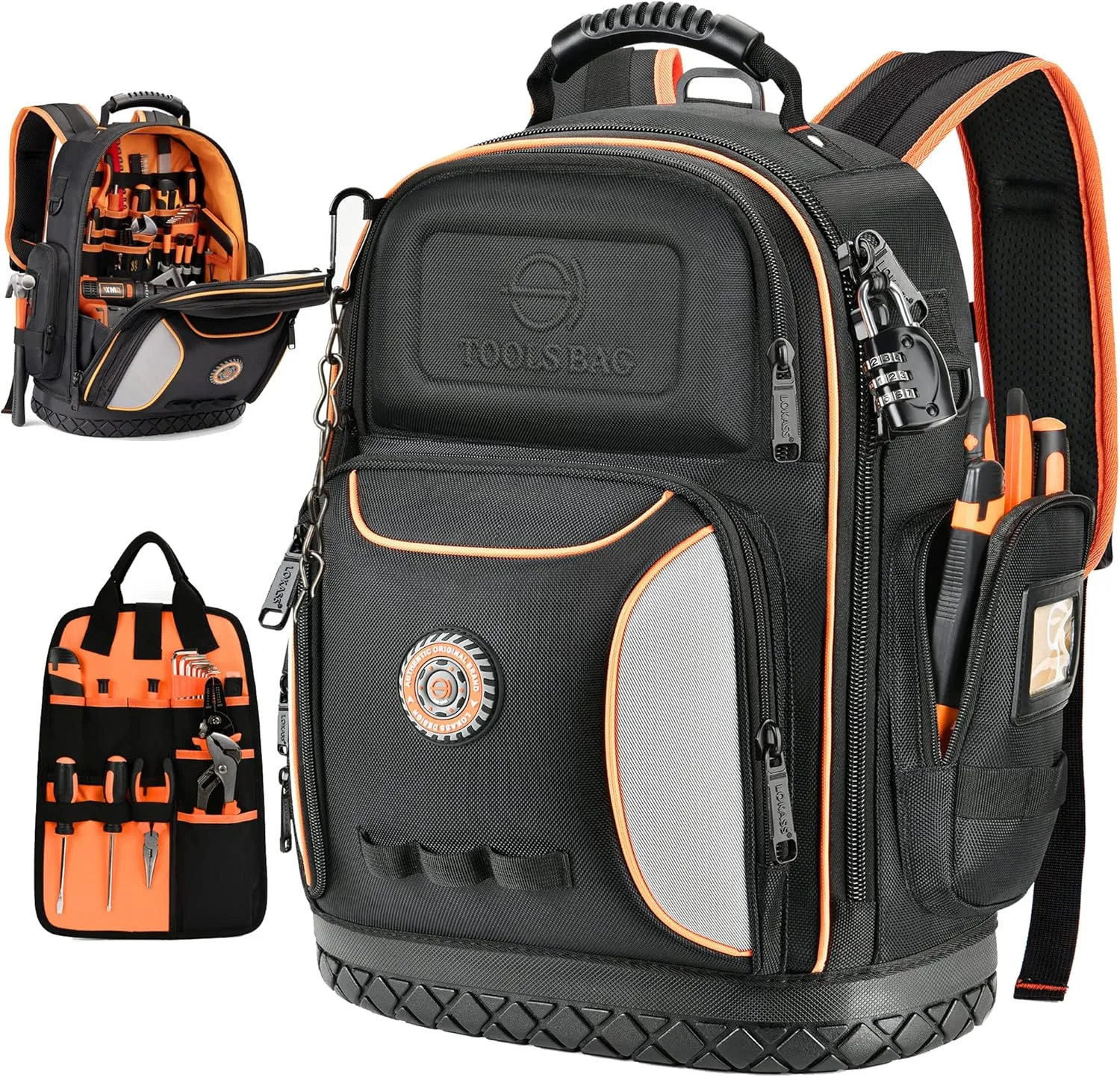 Tool Bag Backpack, 75 Pockets & Loops Heavy Duty Tools Organizer Bags/HVAC Tool Carrier for Eelectrician/Construction Work with Molded Base and Combination Lock, Large, Black and Orange