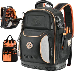Tool Bag Backpack, 75 Pockets & Loops Heavy Duty Tools Organizer Bags/HVAC Tool Carrier for Eelectrician/Construction Work with Molded Base and Combination Lock, Large, Black and Orange
