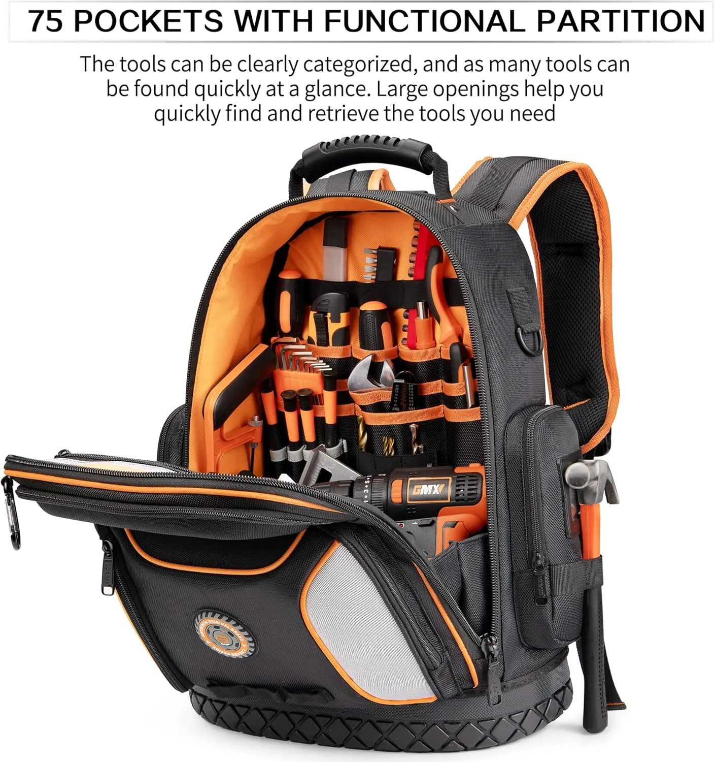 Tool Bag Backpack, 75 Pockets & Loops Heavy Duty Tools Organizer Bags/HVAC Tool Carrier for Eelectrician/Construction Work with Molded Base and Combination Lock, Large, Black and Orange