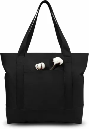 TOPDesign 1-Pack Canvas Tote Bag with an External Pocket, Reusable Grocery Shopping Bag, Top Zipper Closure, Daily Essentials (Black)